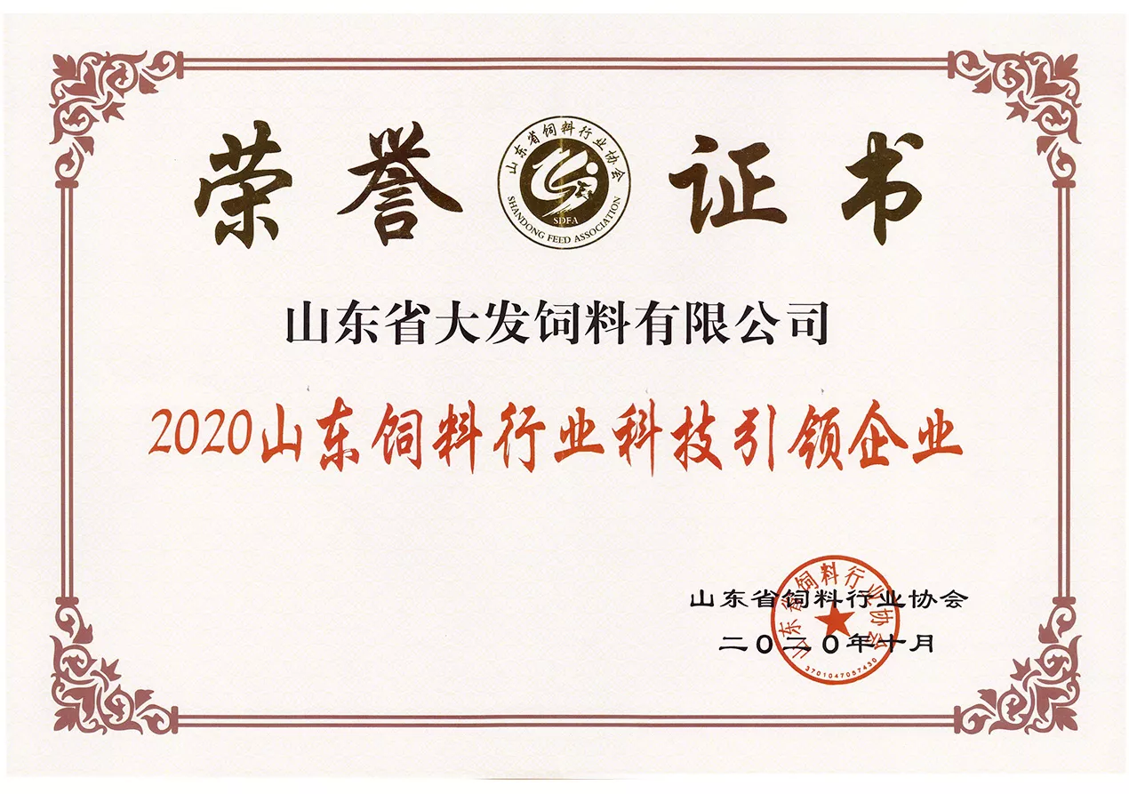 2020山东饲料行业科技引领企业证书