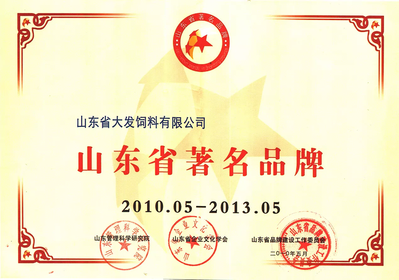 2010山东省著名品牌证书