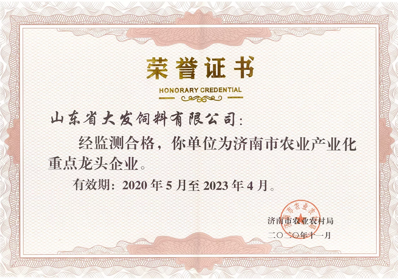 2020大发农业龙头企业证书